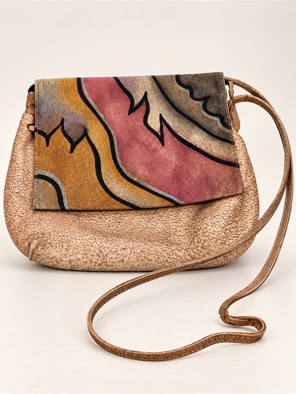 Magnifique Vintage Abstract Hand Painted Genuine Leather Flap Crossbody Bag